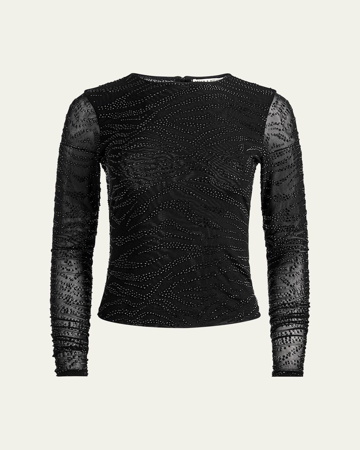 ALICE AND OLIVIA Delaina Embellished Crew Neck Long Sleeve Top In Zebrablack Product Image