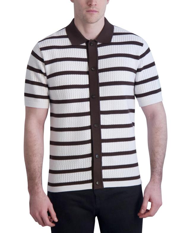 Karl Lagerfeld Paris Mens Slim-Fit Stripe Textured Sweater-Knit Button-Down Polo Shirt - Brown Product Image