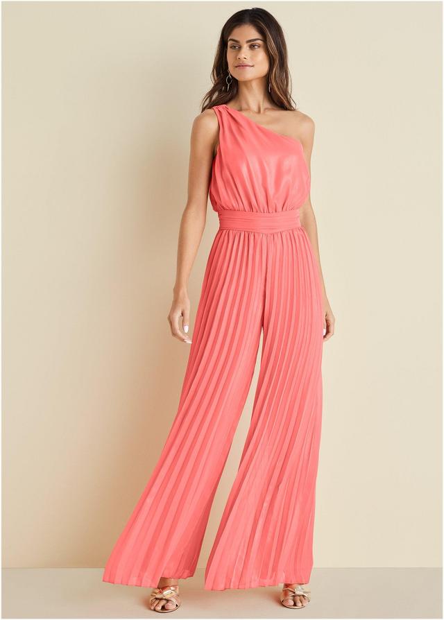 Gold Foil Pleated Jumpsuit - Coral Product Image