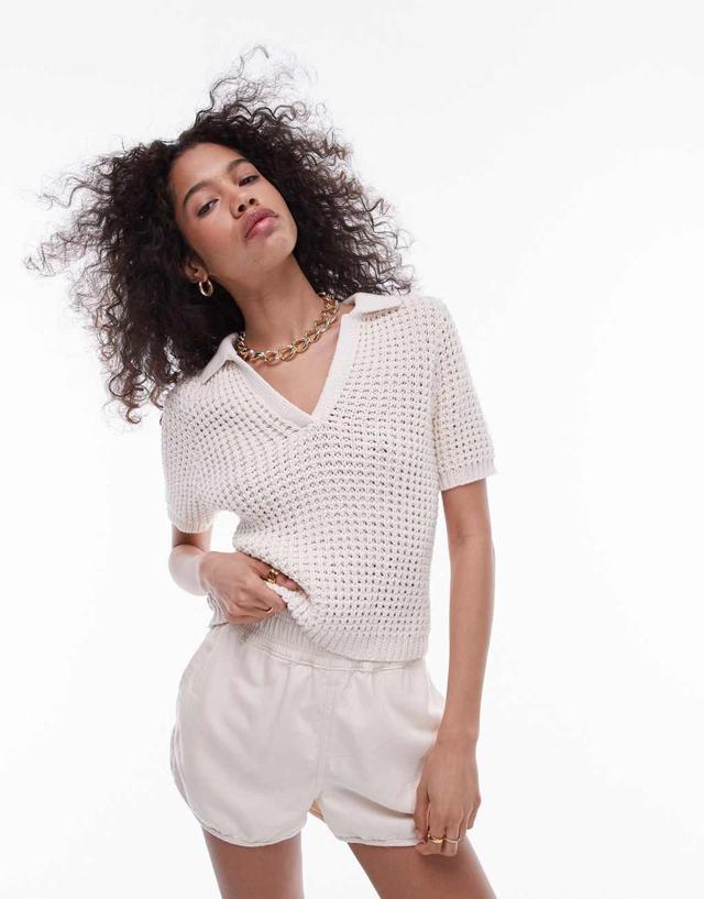 Topshop knit chunky polo top in cream Product Image