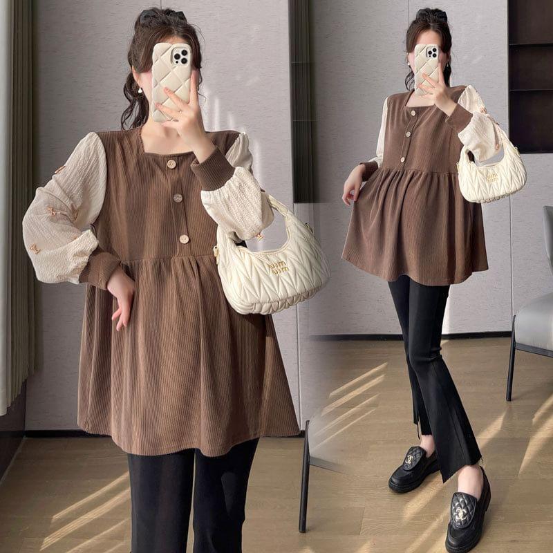 Maternity Long-Sleeve Square Neck Two Tone Blouse Product Image