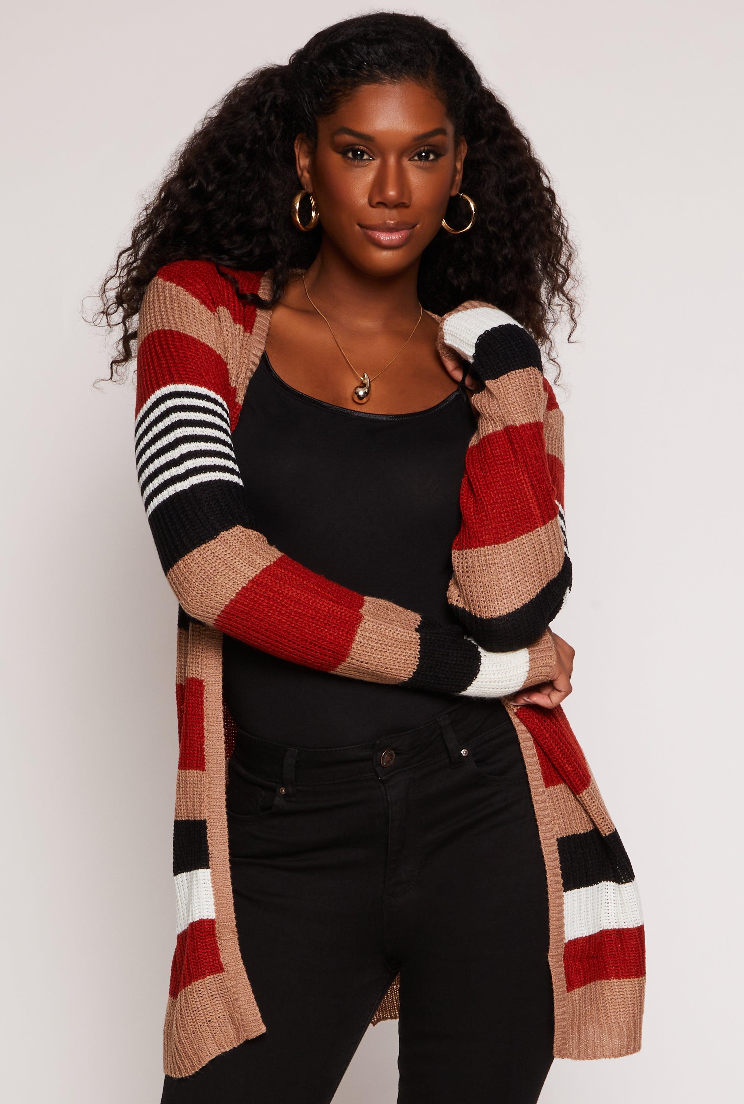 Womens Striped Open Front Knit Cardigan Product Image