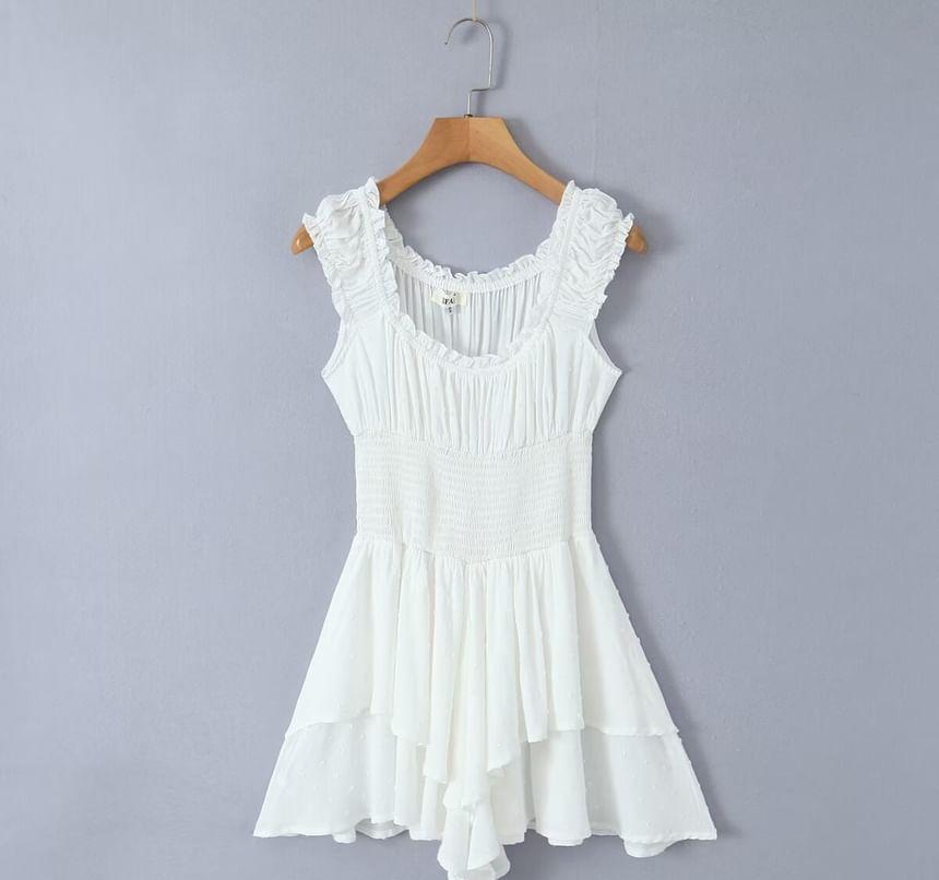 Sleeveless Square Neck Plain Jacquard Frill Trim Smocked Layered Wide Leg Romper Product Image