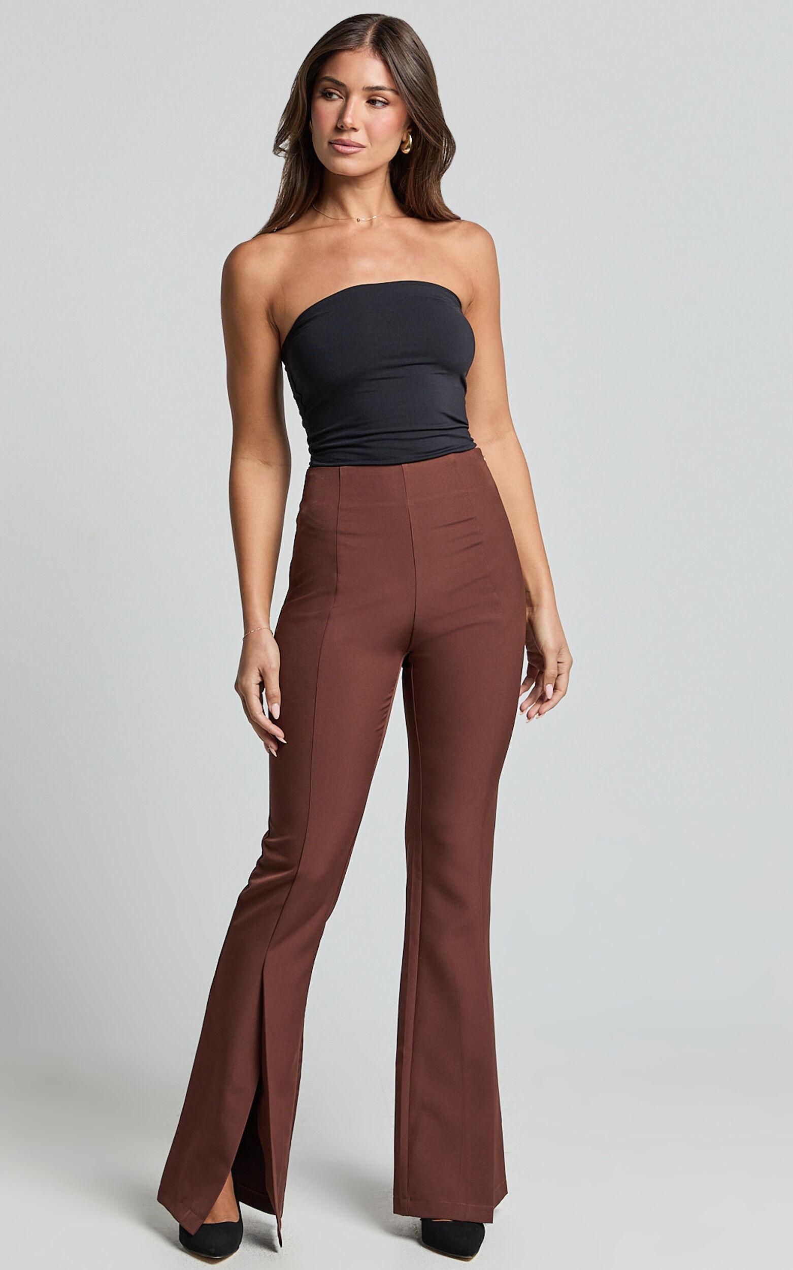 Volta Pants - Front High Waisted Split Boot Leg Kick Out Pants in Chocolate Product Image