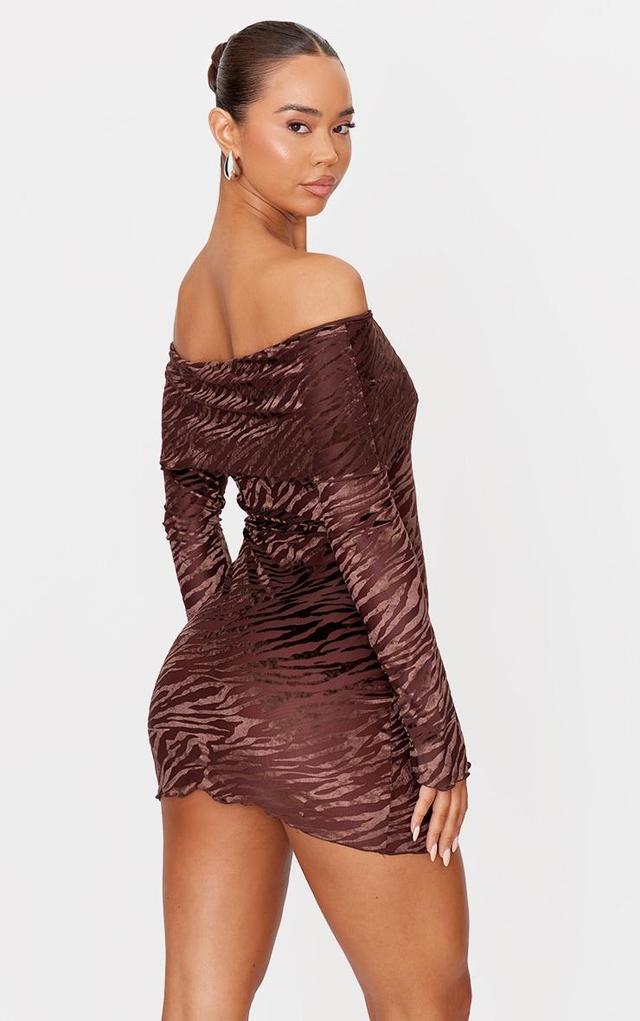 Brown Devore Print Bardot Long Sleeve Mini Dress Product Image