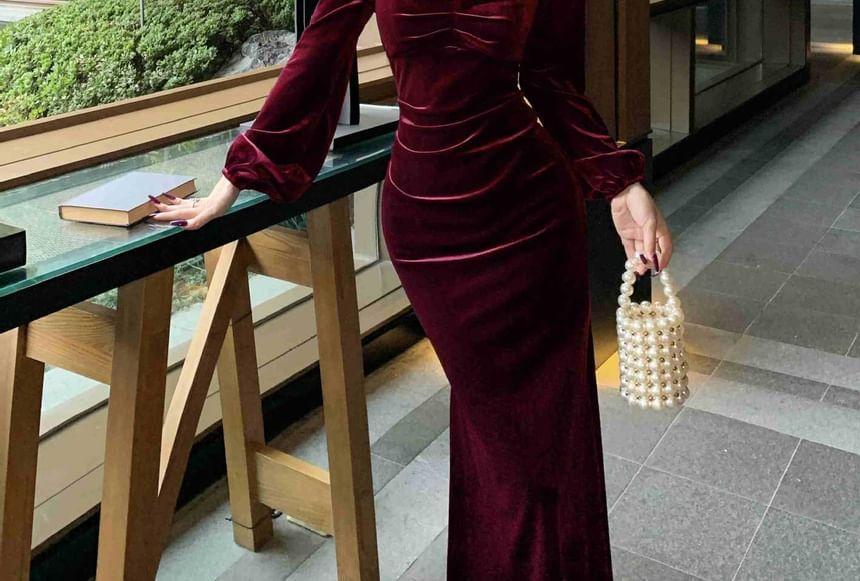 Long Sleeve V-Neck Plain Velvet Ruched Maxi Bodycon Dress Product Image