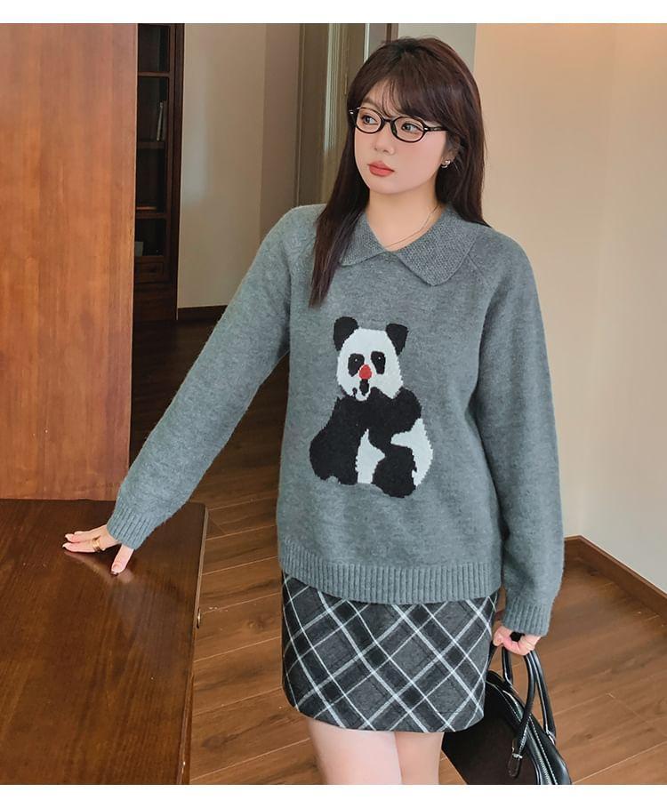 Long-Sleeve Panda Print Collared Sweater Product Image