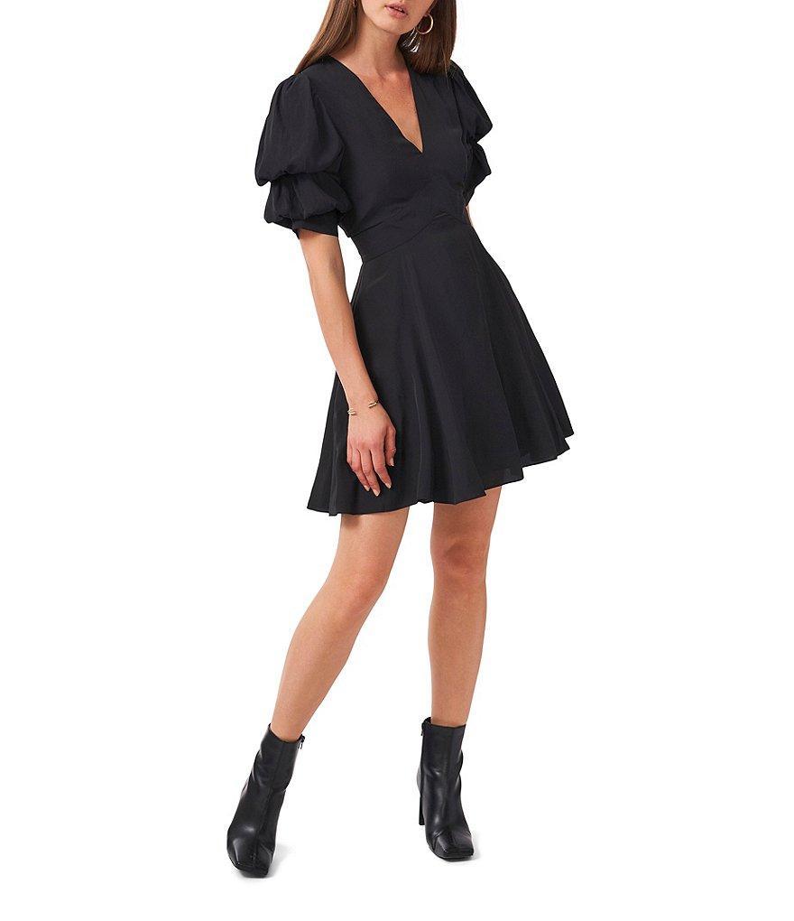 1. STATE Short Puffed Sleeve V-Neck Suede Satin Mini Dress Product Image