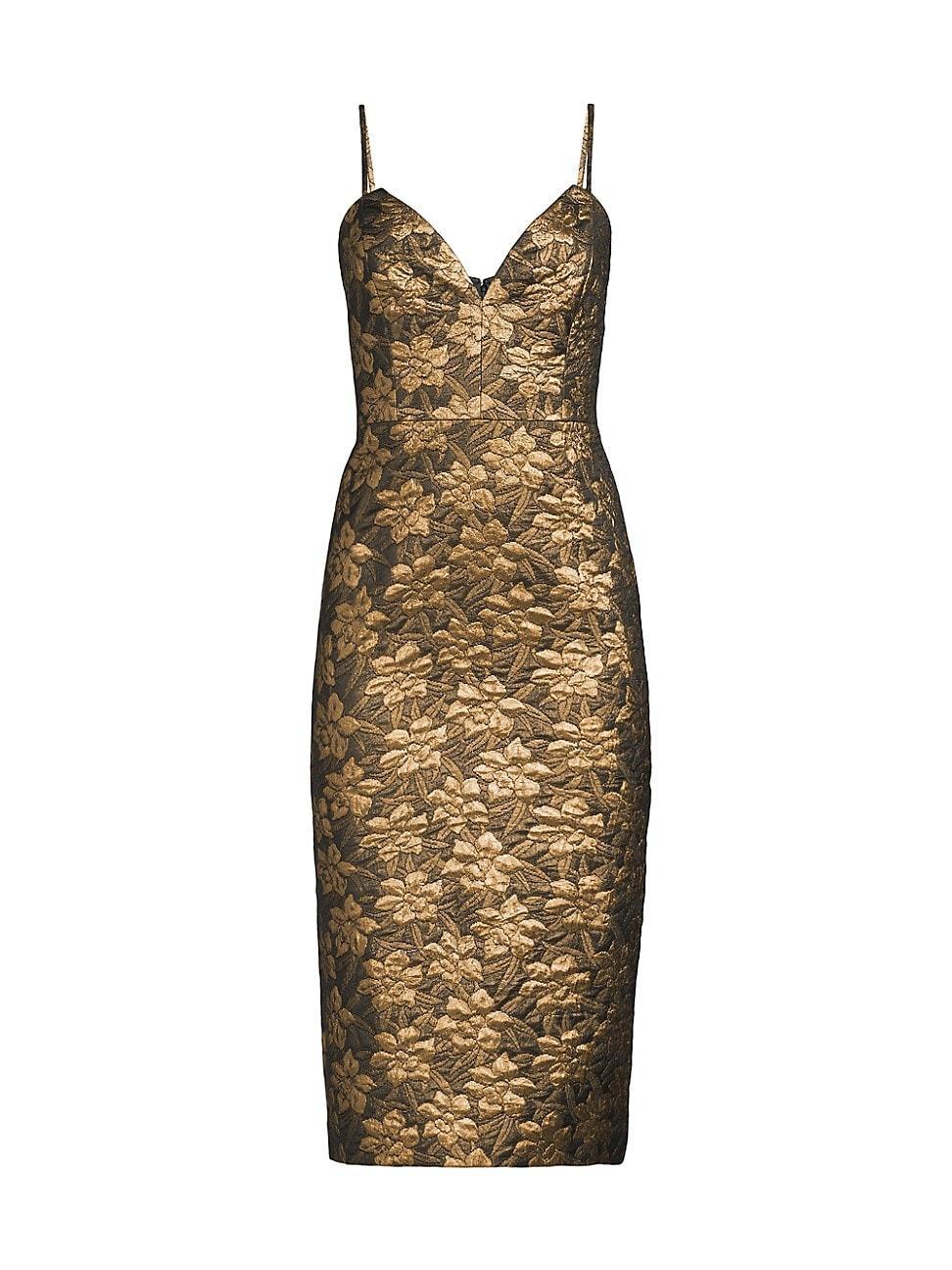 Womens Floral Metallic Jacquard Sleeveless Midi-Dress Product Image