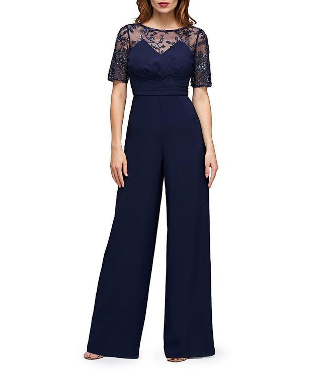 Js Collections Crepe Floral Beaded Illusion Crew Neck Short Sleeve Wide Leg Jumpsuit Product Image