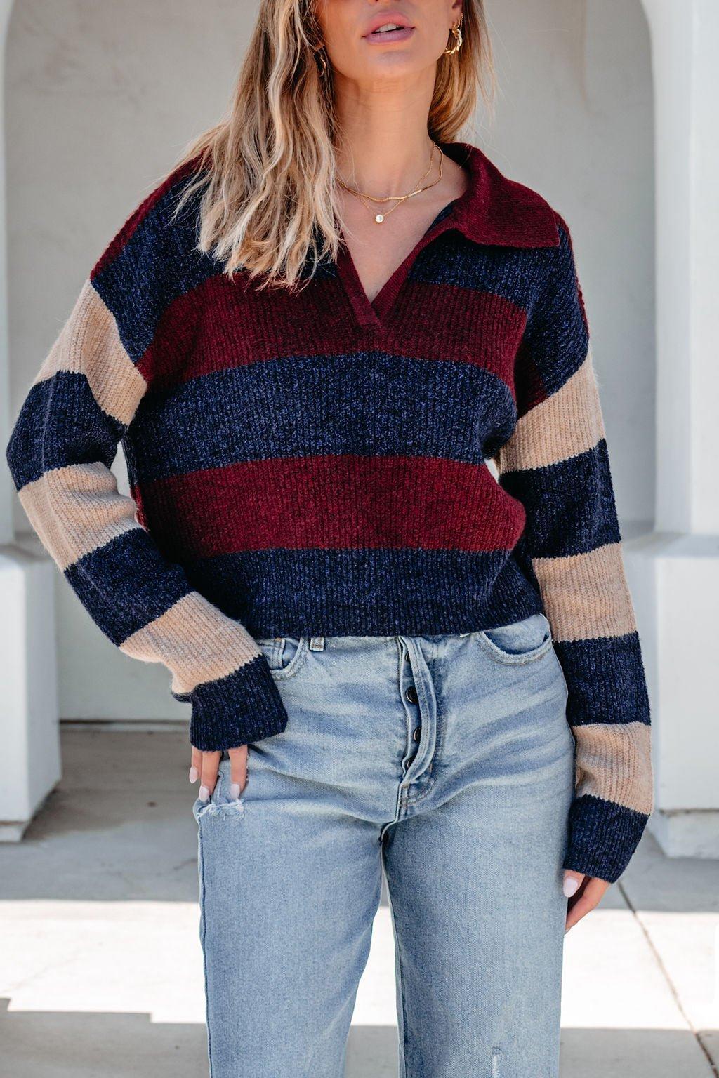 Burgundy Multi Striped Pullover Sweater Product Image