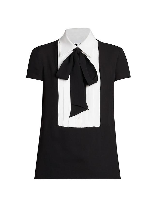 Womens Two-Tone Silk Tie-Neck Blouse Product Image