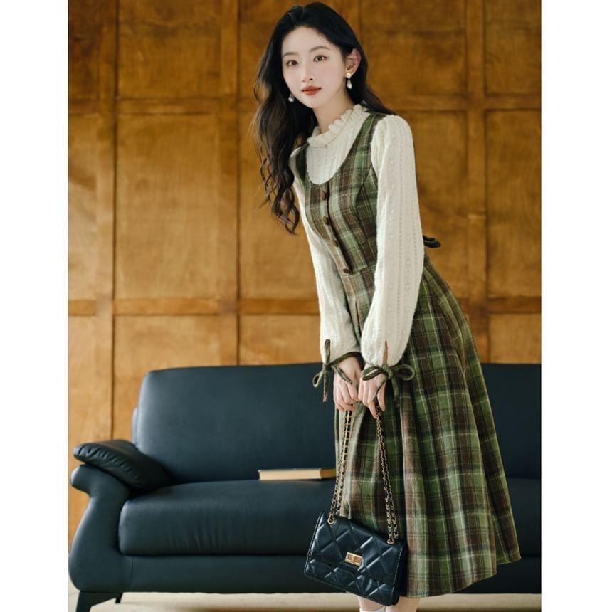 Long Sleeve Stand Collar Plaid Mock Two Piece Midi A-Line Dress Product Image