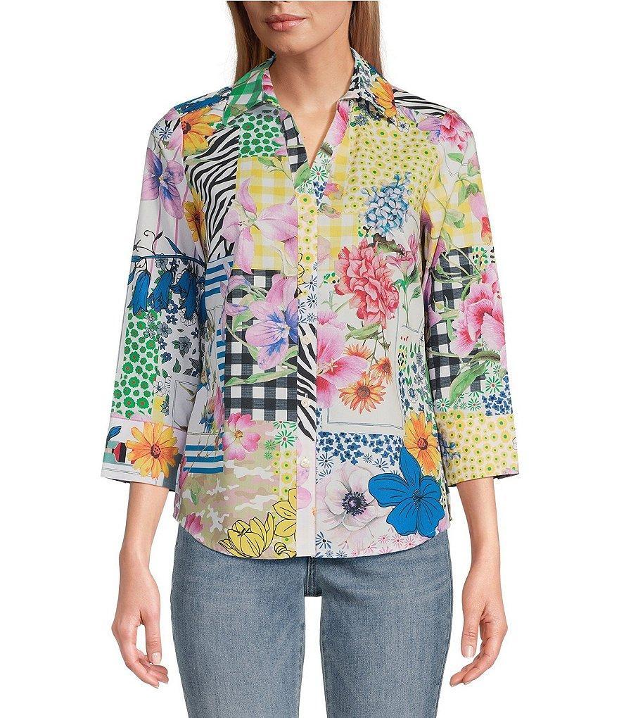 Foxcroft Mary Printed Cotton Poplin Point Collar 3/4 Cuffed Sleeve Button Front Shirt Product Image