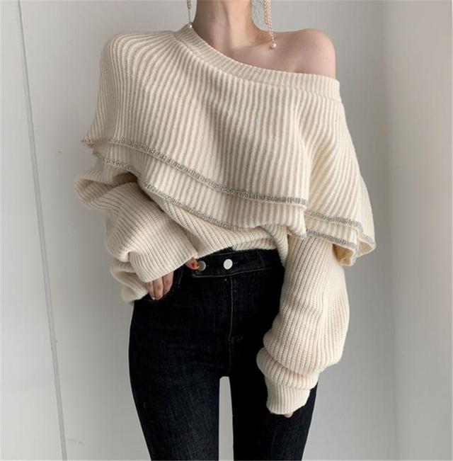 Off-Shoulder Contrast Trim Layered Ruffle Sweater Product Image