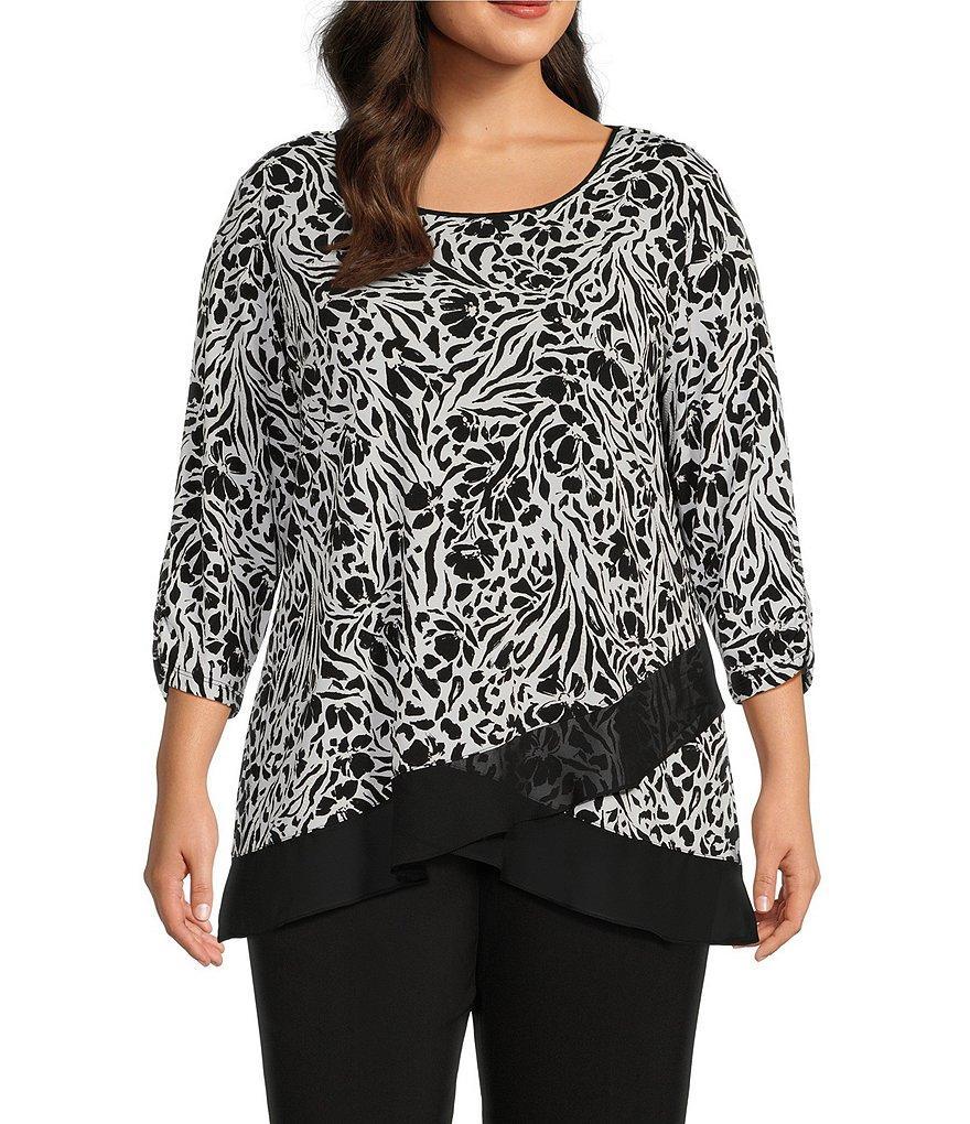 Allison Daley Plus Size Floral Zebra Print 3/4 Sleeve Crew Neck Ruffle Hem Knit Top Product Image