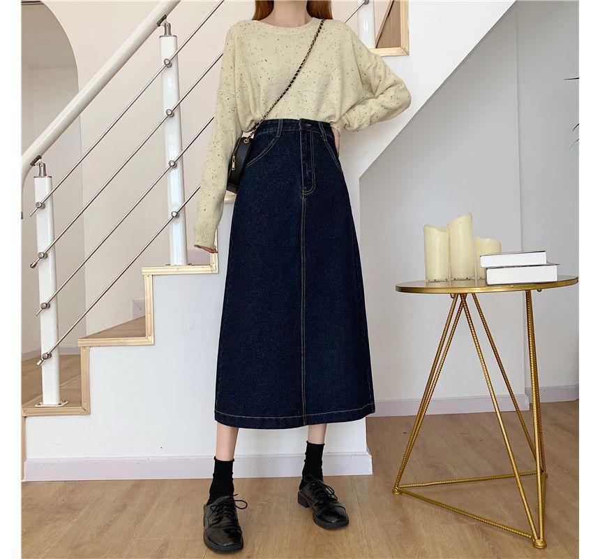 High-Waist A-Line Silt-Back Denim Midi Skirt Product Image