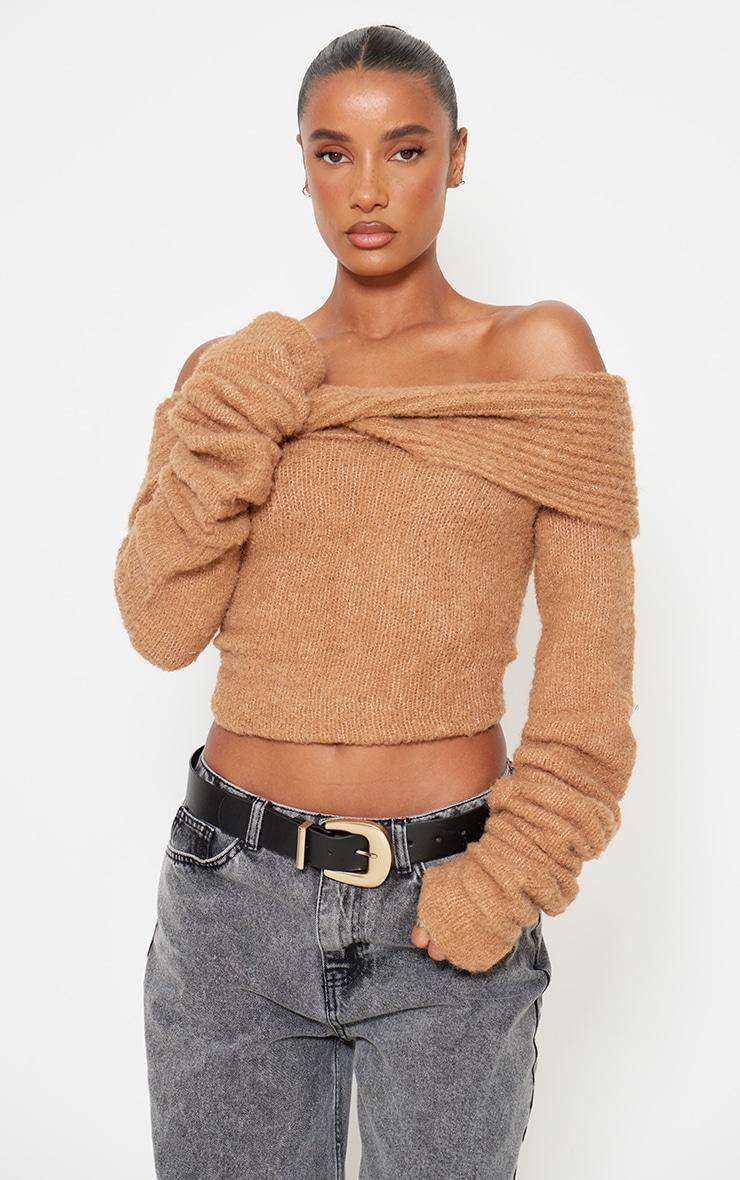 Mocha Soft Bobble Knit Bardot Foldover Top Product Image