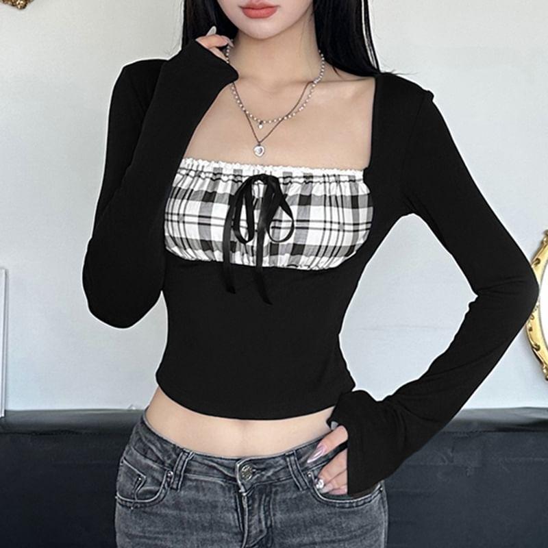 Long-Sleeve Square Neck Plaid Panel Bow Cropped Tee Product Image