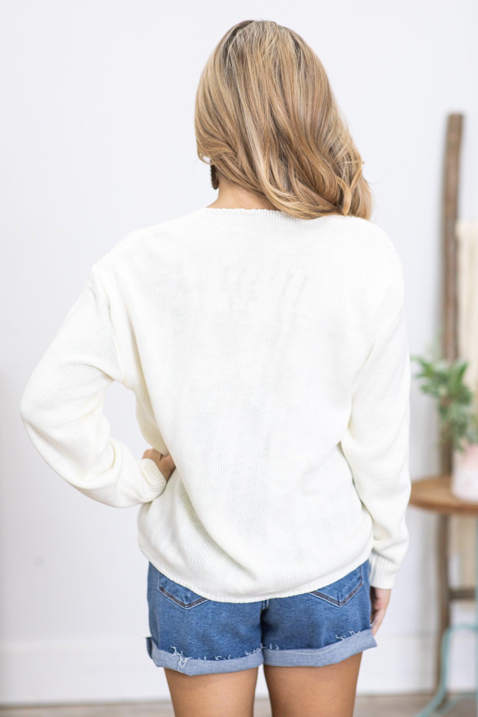 Ivory V-Neck Cable Knit Sweater Product Image