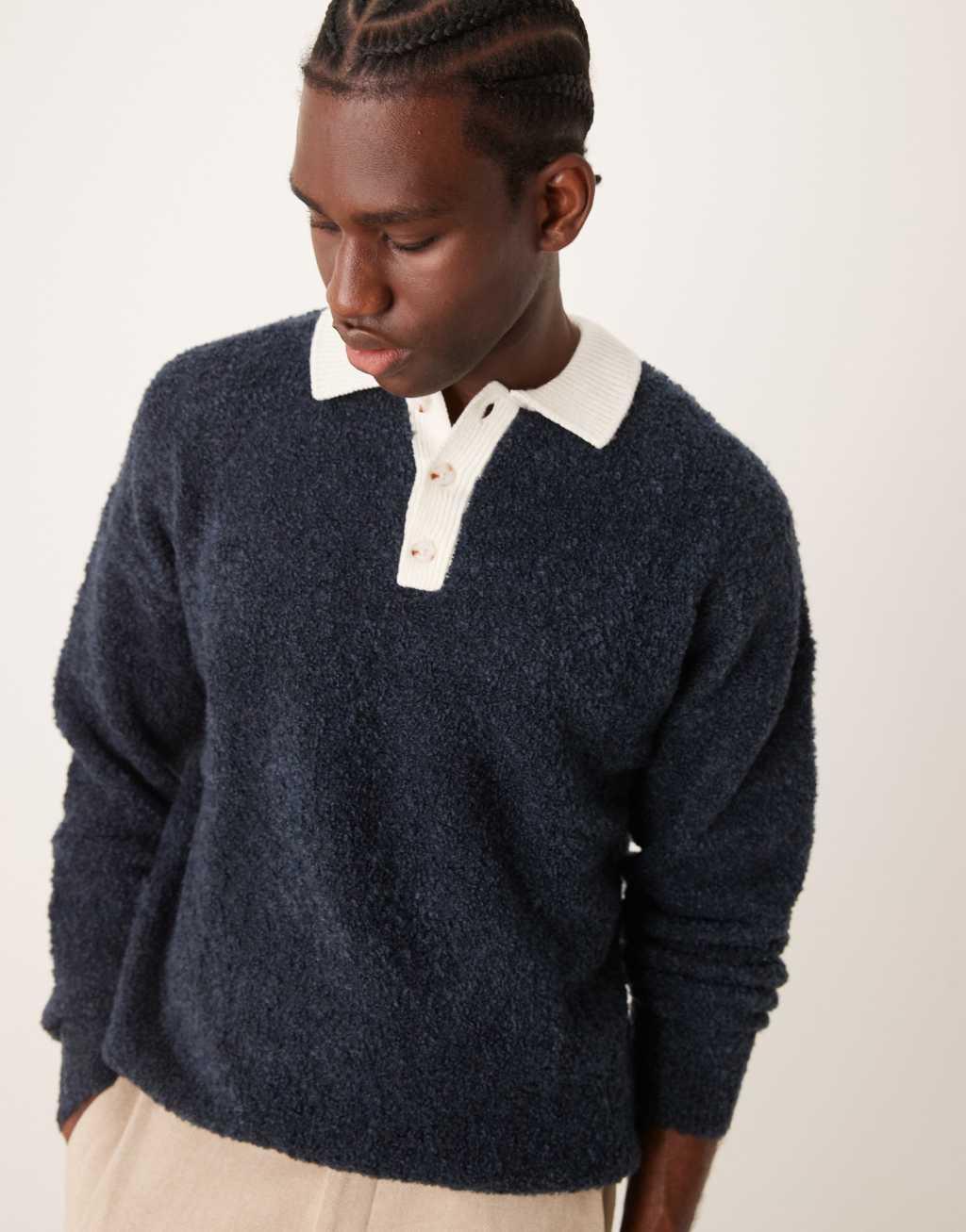 ASOS DESIGN knitted relaxed rugby boucle polo in navy Product Image