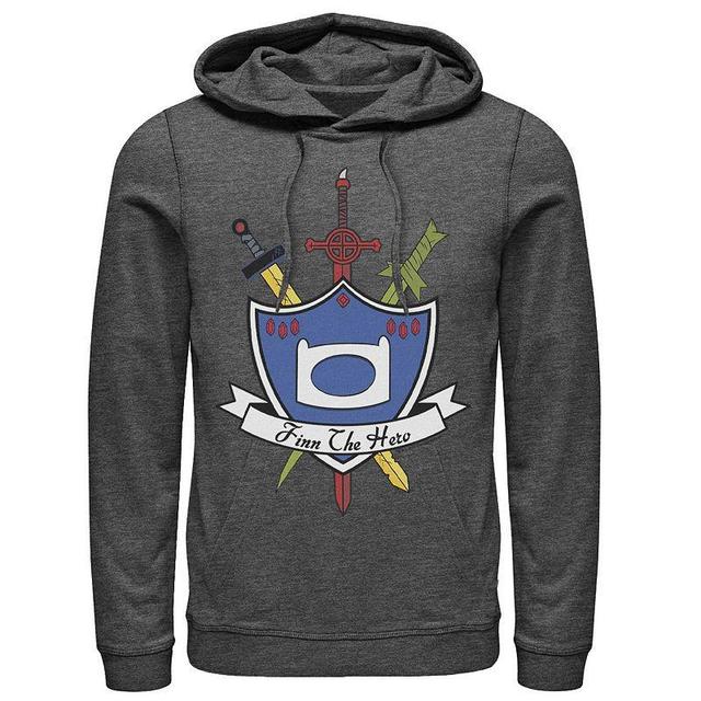 Mens Cartoon Network Adventure Time Finn The Hero Sword And Shield Banner Hoodie Grey Heather Product Image