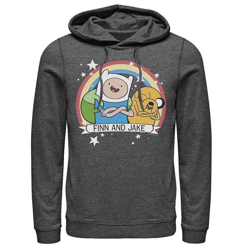 Mens Cartoon Network Adventure Time Finn & Jake Rainbow Banner Hoodie Athletic Grey Product Image