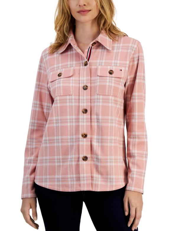 Tommy Hilfiger Womens Collared Plaid Shirt Jacket - Hillside Plaid- Bridal Rose Product Image