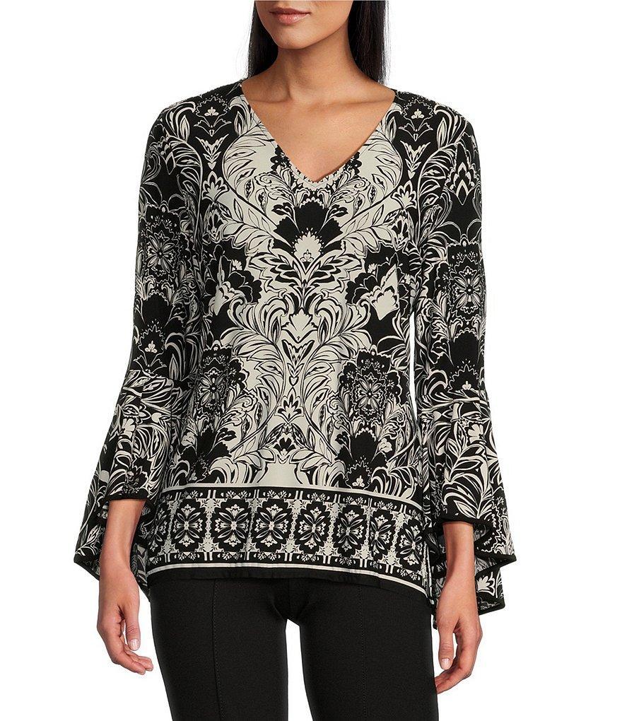 Slim Factor by Investments Stylized Floral Border Print Ruffle 3/4 Sleeve V-Neck Top product image