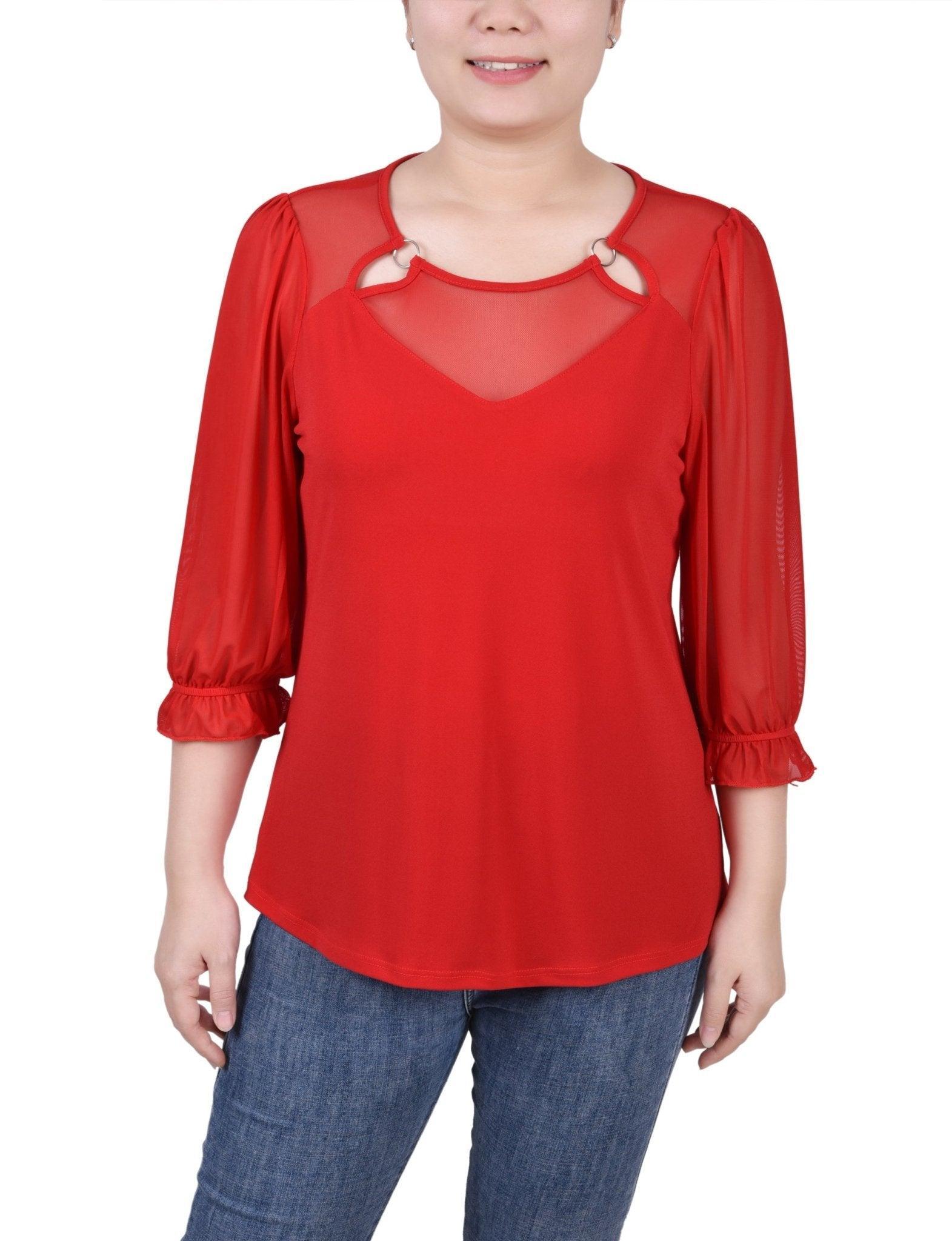 3/4 Length Sleeve Ringed Top With Mesh - Petite Product Image