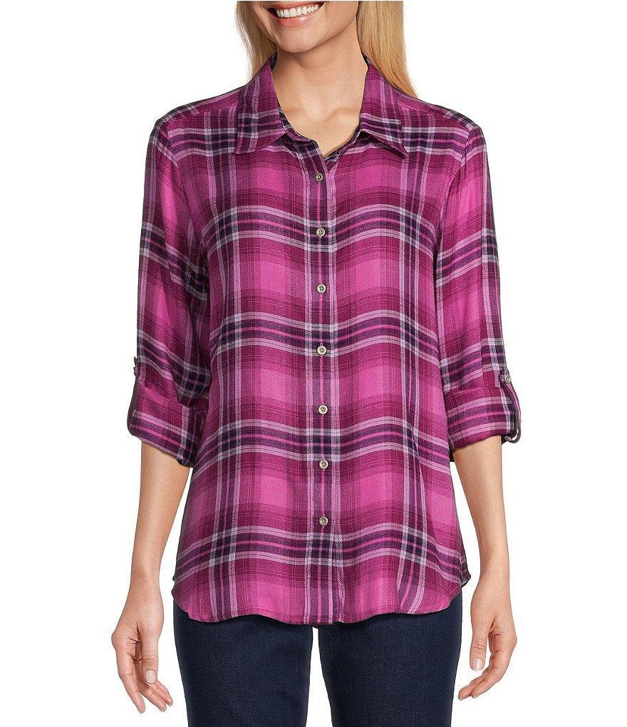 Allison Daley Pink Plaid Print 3/4 Roll Tab Sleeve Point Collar Button Front Shirt Product Image