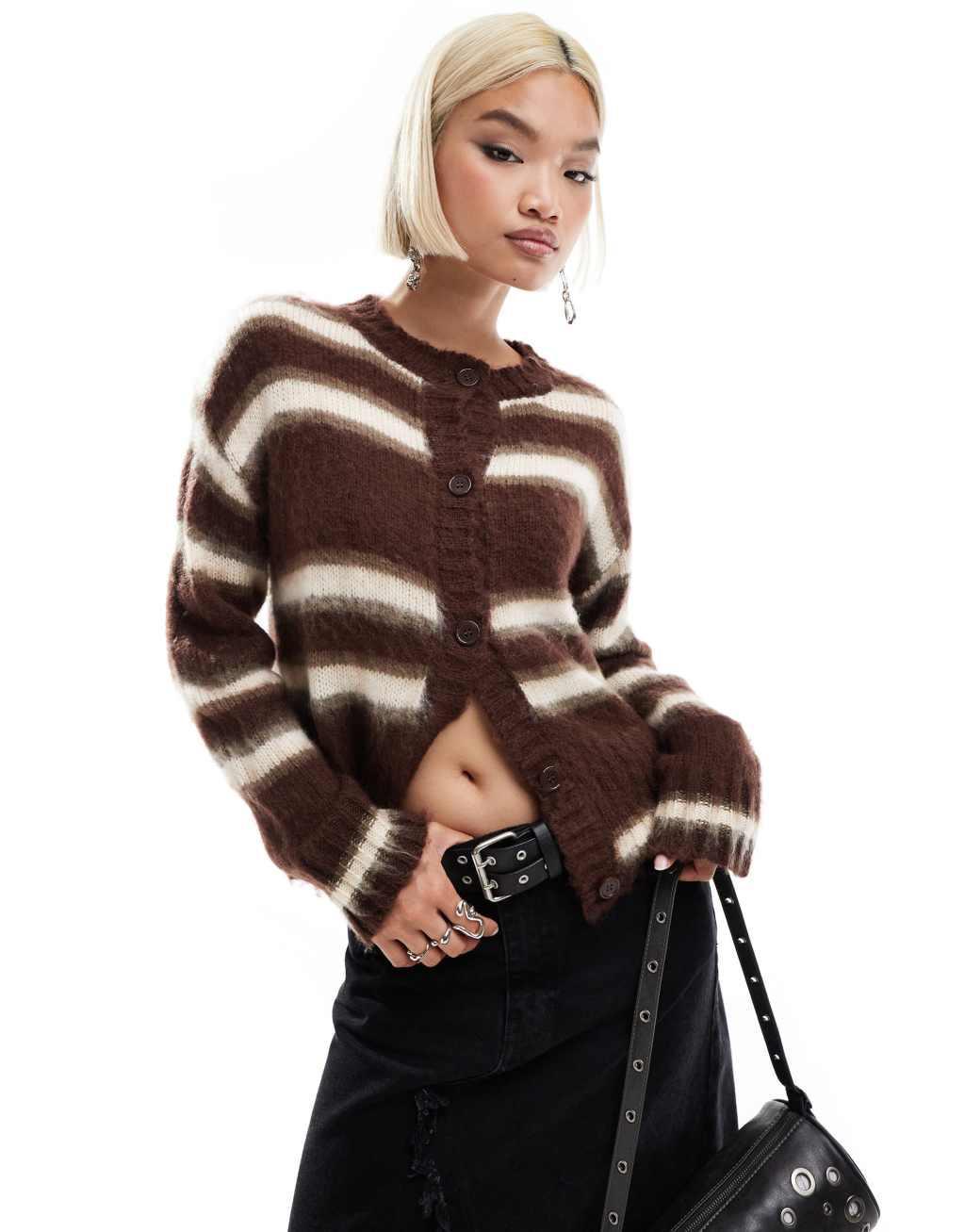 COLLUSION fluffy crew neck cardigan in brown stripe  Product Image