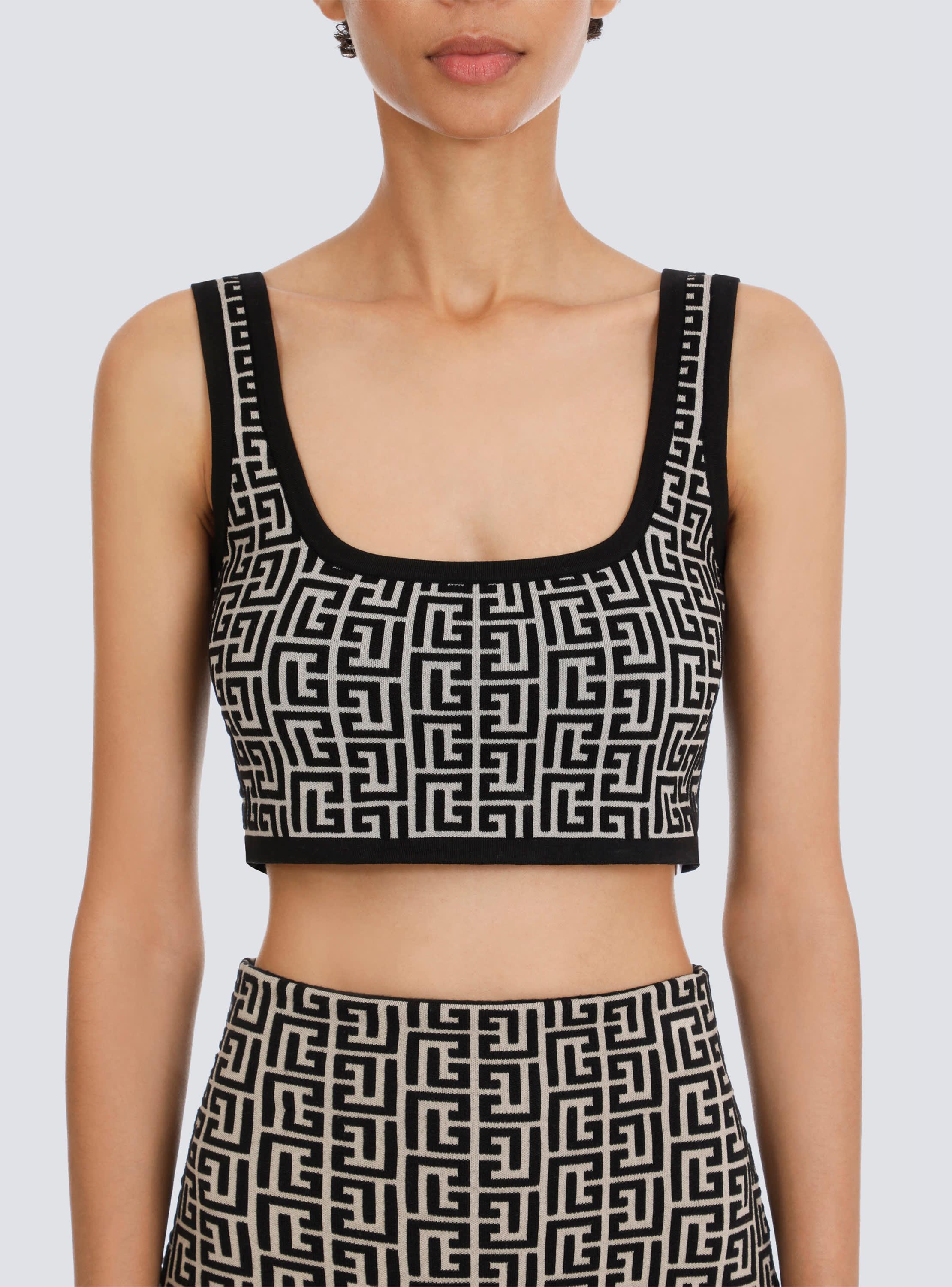 Cropped bicolor jacquard sports bra top with Balmain monogram Product Image