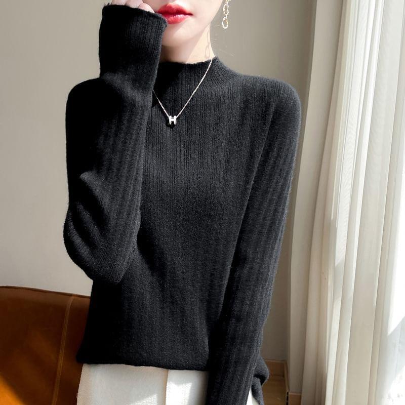 Mock Neck Plain Ribbed Knitted Sweater product image