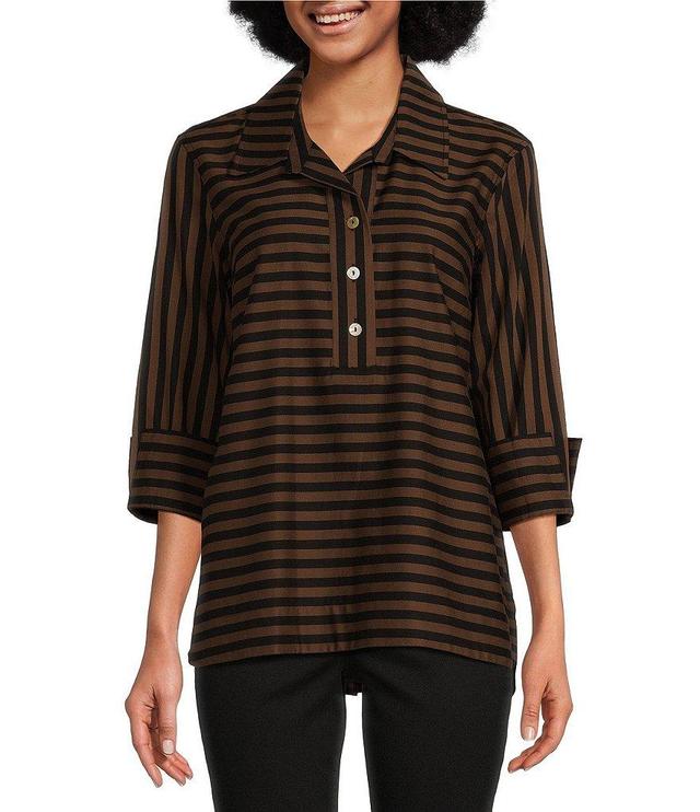 Ali Miles Petite Size Stripe Collared 3/4 Sleeve Top Product Image