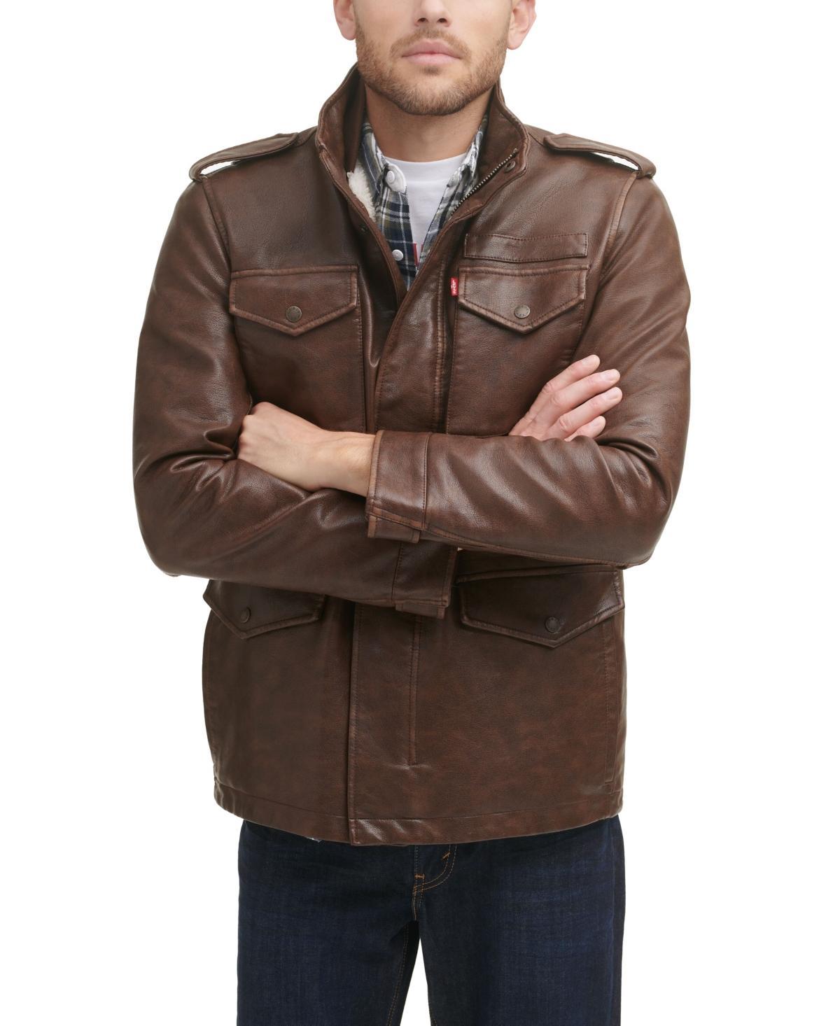 Mens Levis Faux-Leather Sherpa-Lined Military Bomber Jacket Brown Product Image