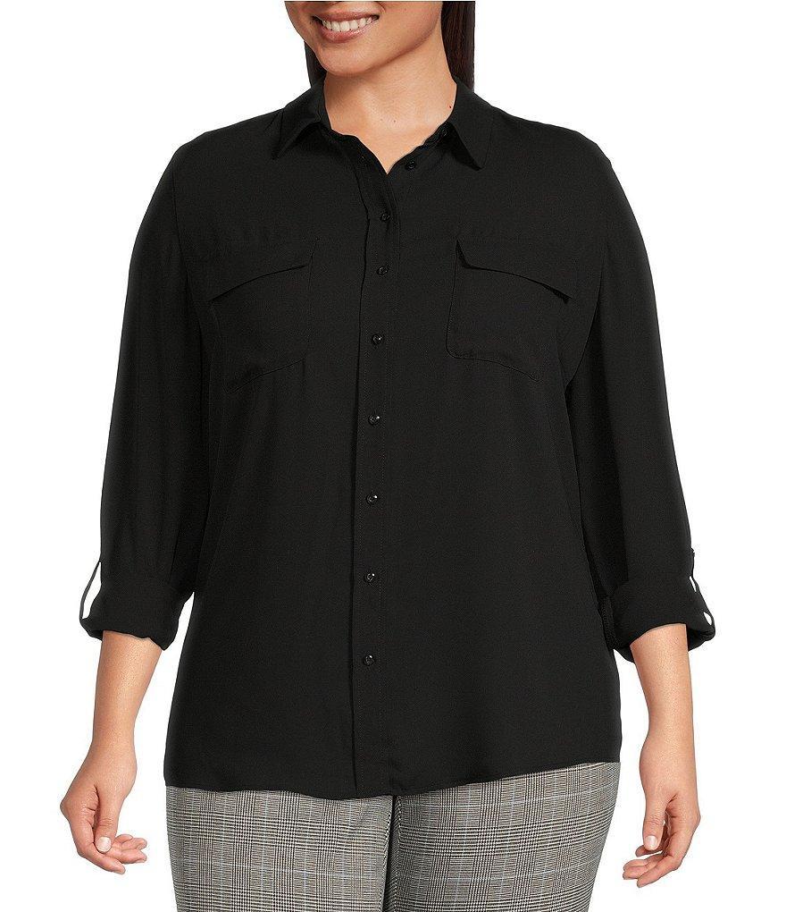 Investments Plus Size Olivia Point Collar Long Sleeve Button Front Roll-Tab Utility Blouse Product Image