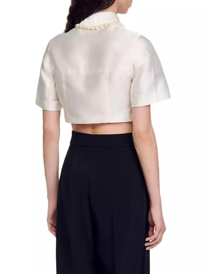 Beaded Satin-Effect Cropped Shirt Product Image