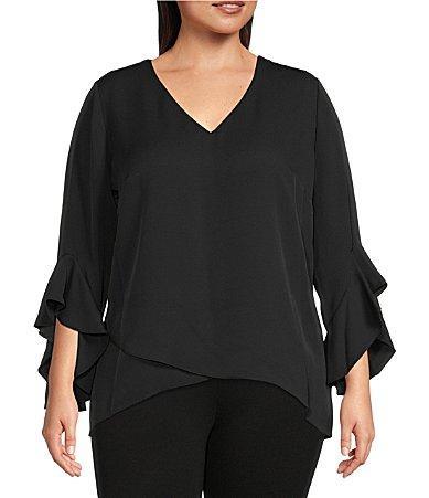 Vince Camuto Plus Size Luxe Crepe De Chine 34 Ruffle Sleeve V-Neck Crisscross Hem Tunic Product Image