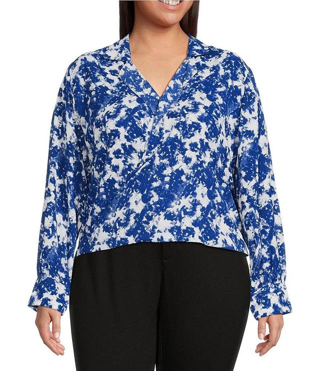 Calvin Klein Plus Size Woven Printed Notch Collar V-Neck Faux Wrap Long Sleeve Top Product Image