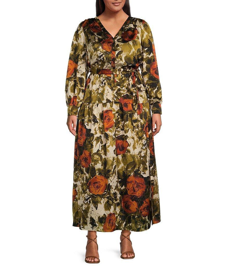 Skies Are Blue Plus Size Long Sleeve Abstract/Floral Printed Long Dress Product Image