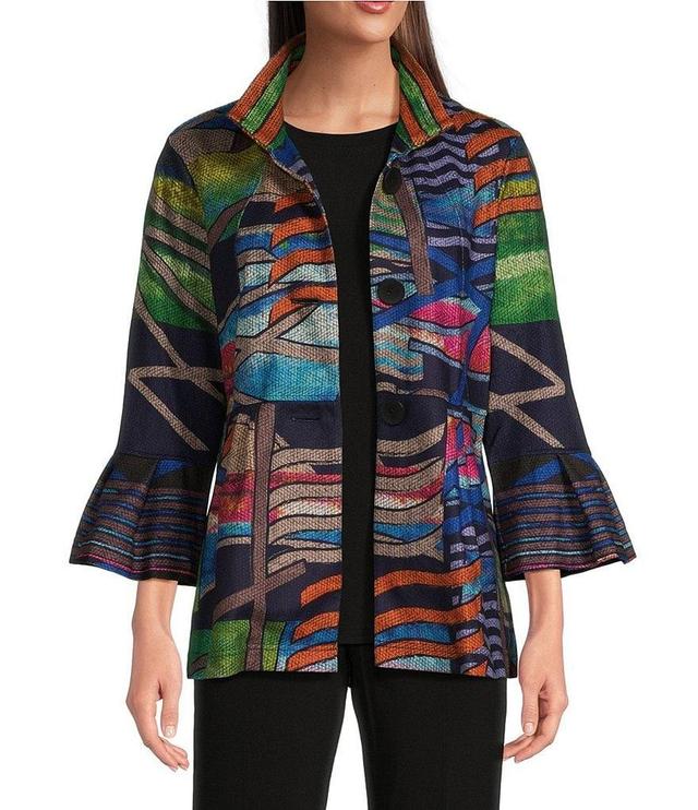 Ali Miles Petite Size Knit Abstract Print Point Collar 3/4 Bell Sleeve Peplum Jacket Product Image