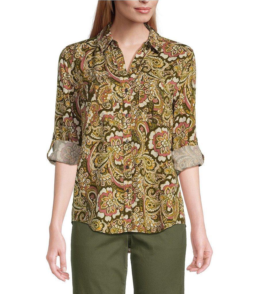 Westbound Woven Long Roll-Tab Sleeve Point Collar Y-Neck Button Front Paisley Shirt Product Image