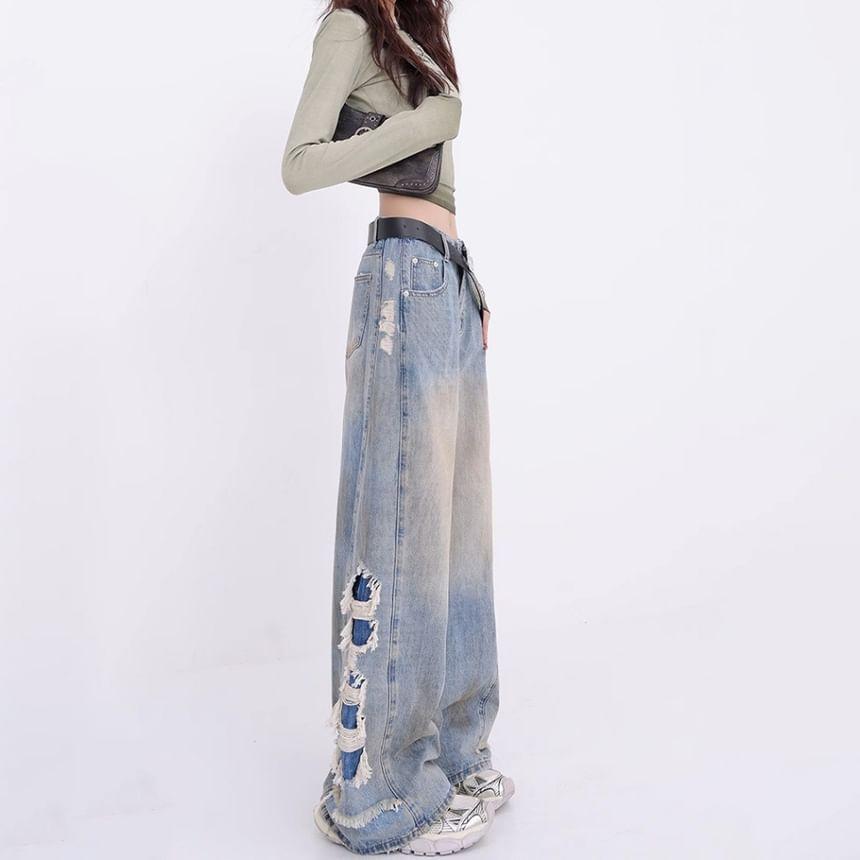 Mid Rise Distressed Washed Wide Leg Jeans Product Image