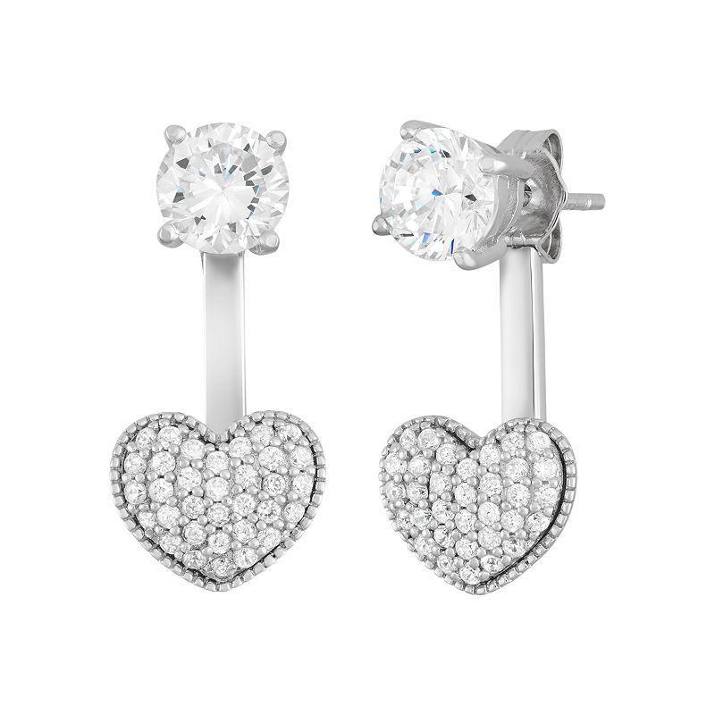 Sterling Silver Cubic Zirconia Front-Back Heart Drop Earrings, Womens, White Product Image