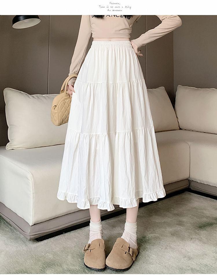 Elastic Waist Plain Tiered Ruffle Trim Midi A-Line Skirt Product Image