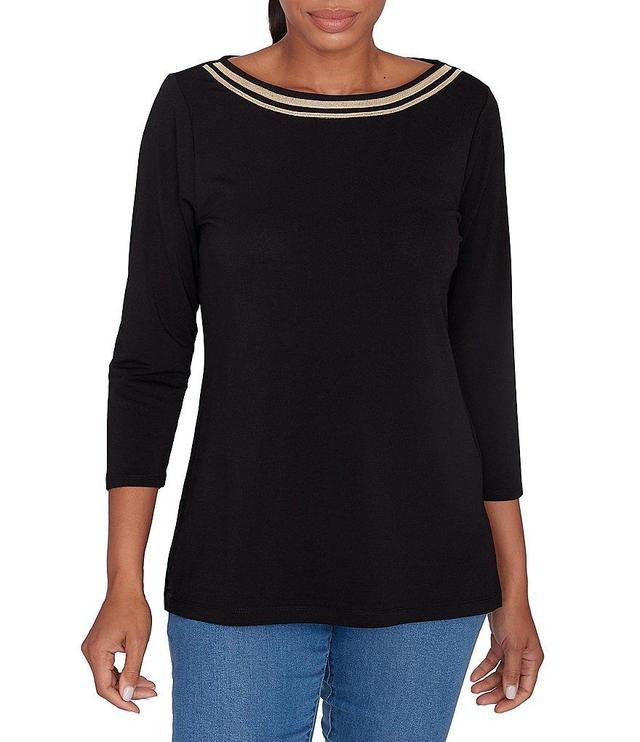 Ruby Rd. Petite Size Solid Embellished Boat Neck 3/4 Sleeve Knit Top Product Image