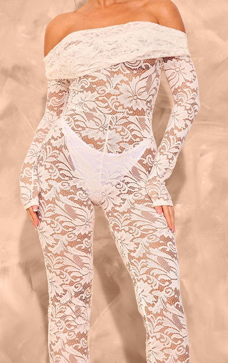 White Lace Foldover Bardot Long Sleeve Jumpsuit Product Image