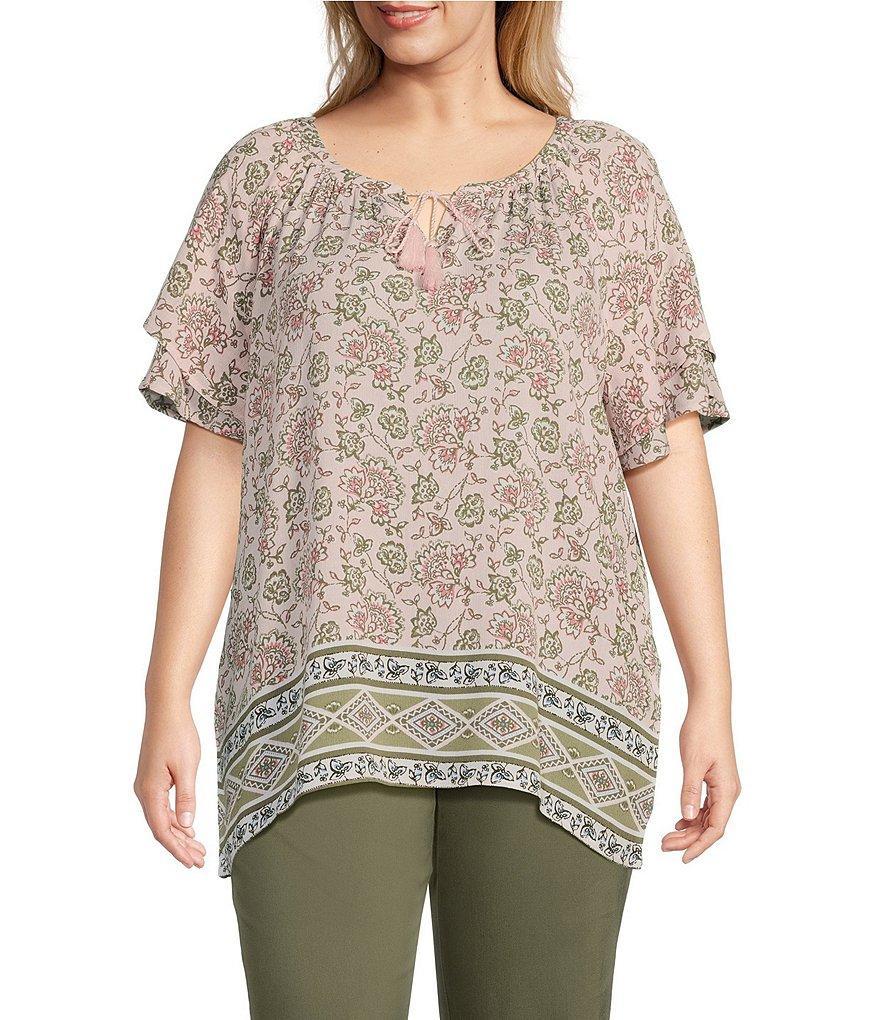 Allison Daley Plus Size Boho Floral Border Print Tie Split Round Neck Short Flutter Sleeve Blouse Product Image