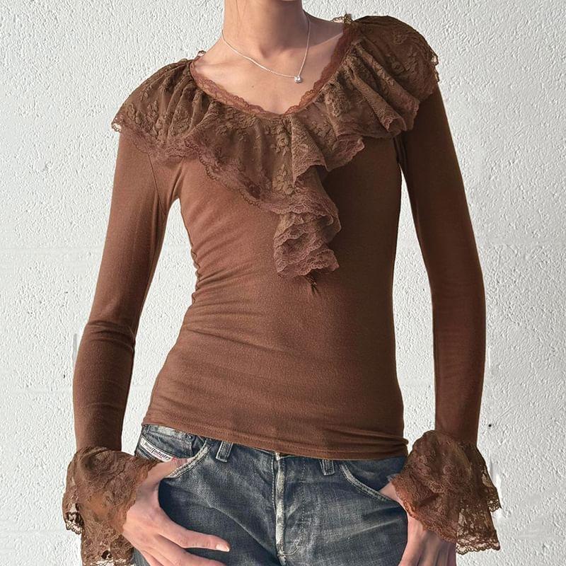 Long-Sleeve V-Neck Plain Lace Trim Slim Fit Tee Product Image